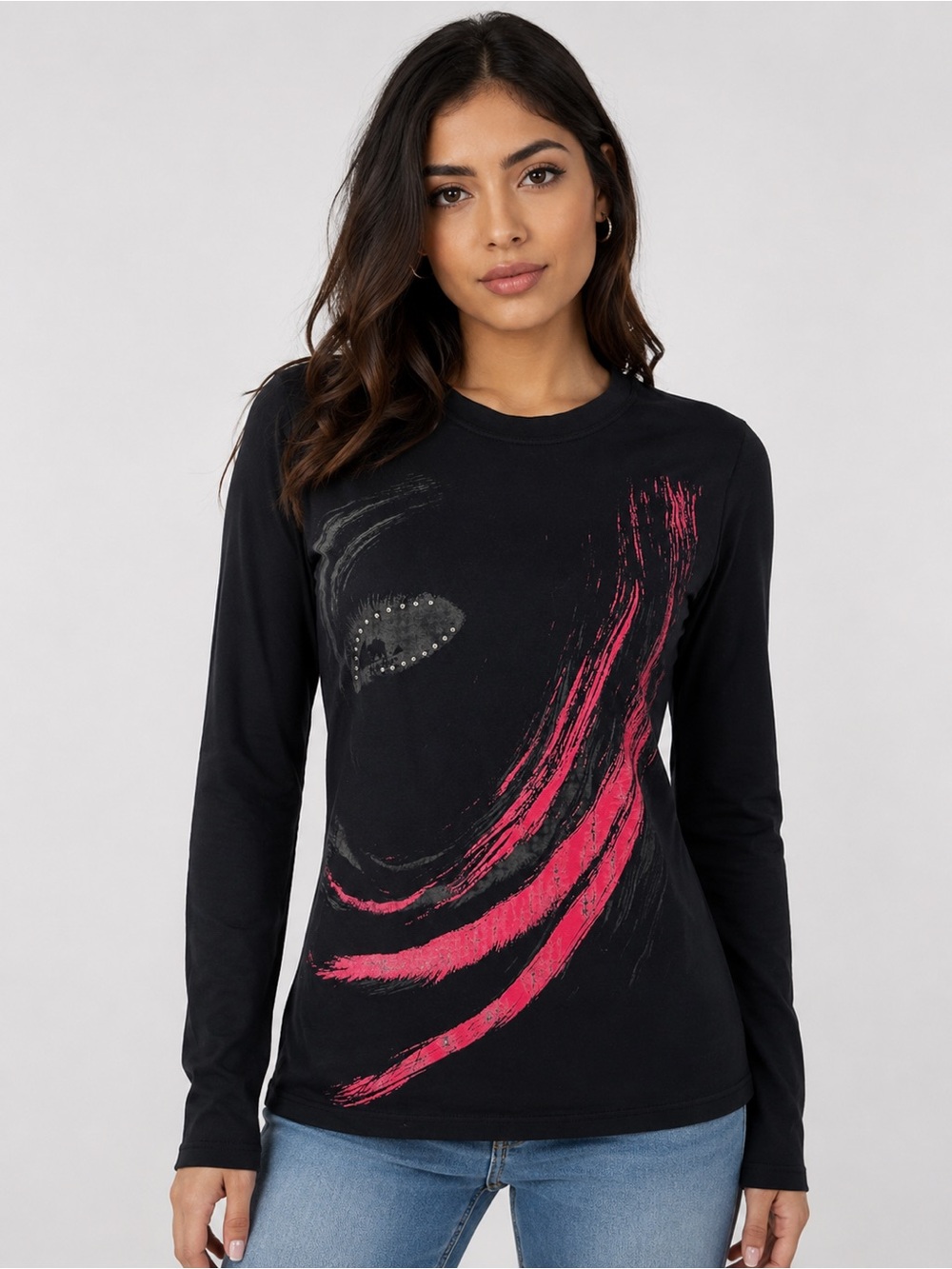 Vintage Urban BehaviorBlack Long-Sleeve Graphic Tee with Pink Brushstrokes sz S